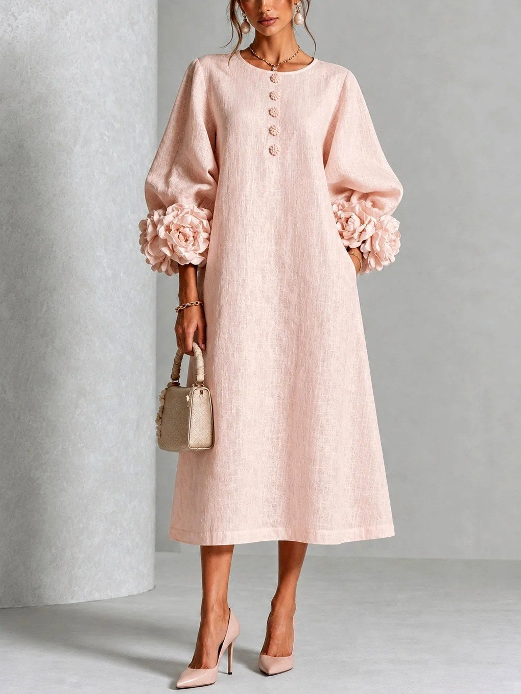 Women's Flower Detail Long Sleeve Midi Dress - view 2