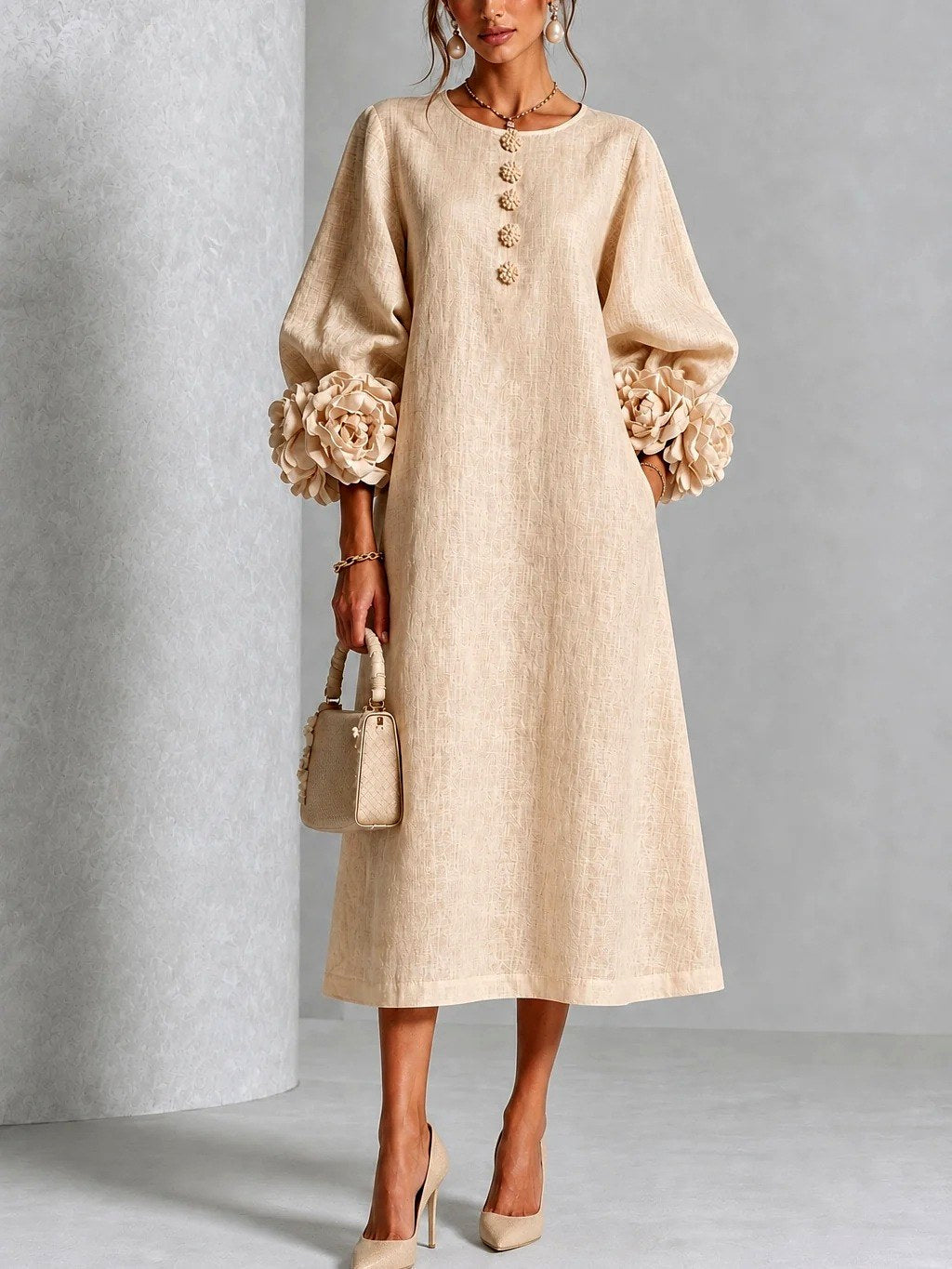 Women's Flower Detail Long Sleeve Midi Dress - view 3