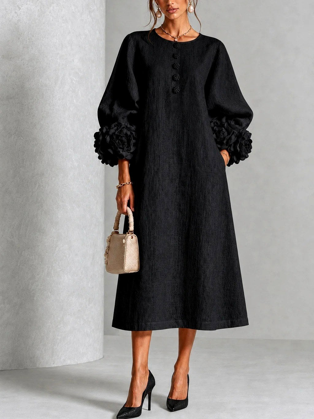 Women's Flower Detail Long Sleeve Midi Dress - view 4