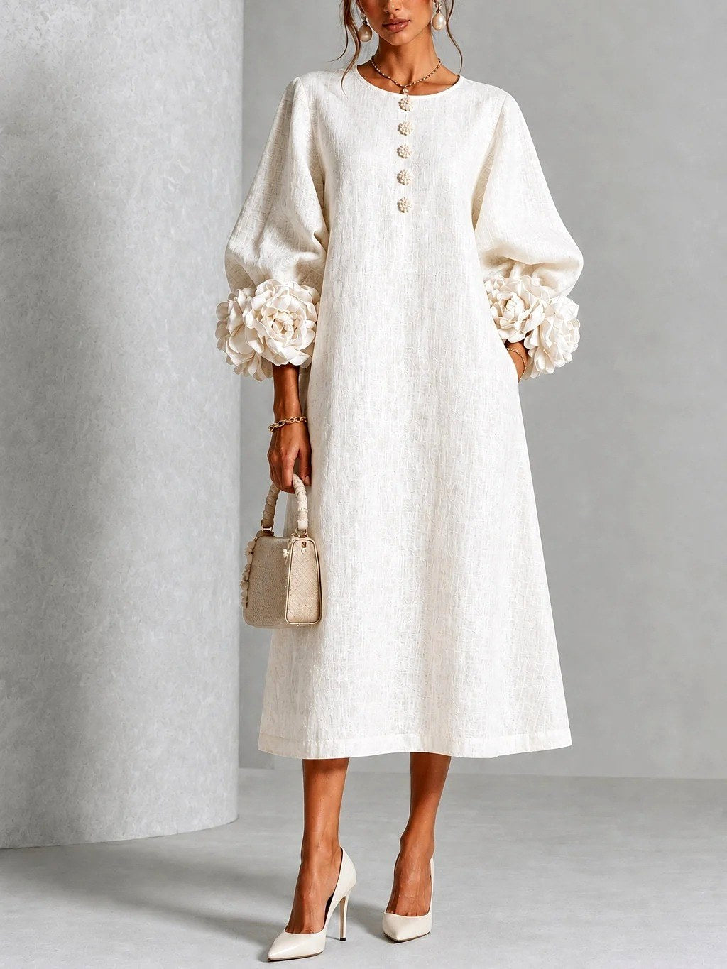 Women's Flower Detail Long Sleeve Midi Dress - view 5