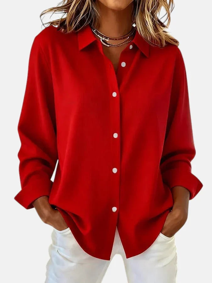 Women's flowing draped blouse, side view