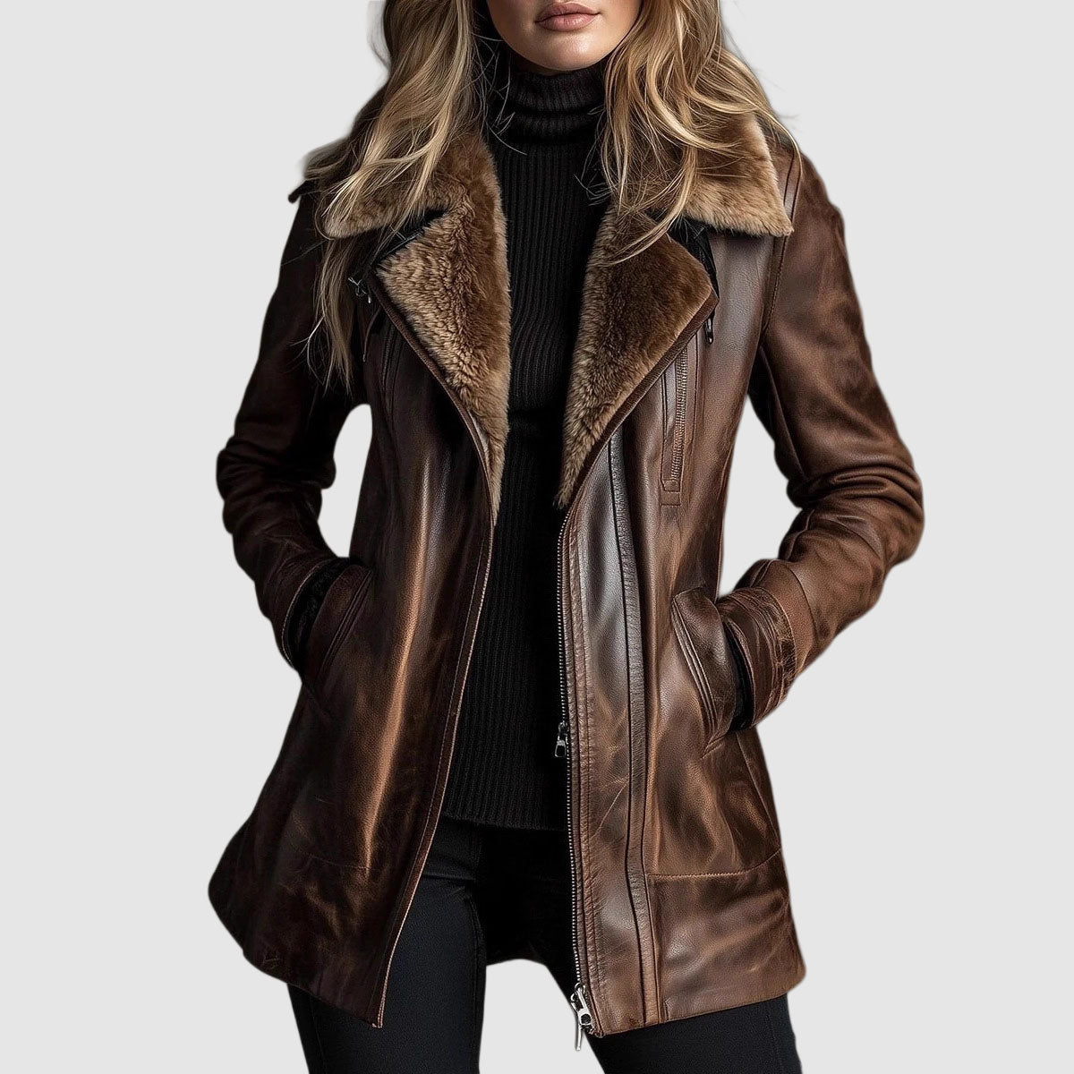 Women's Leather Jacket with Shearling Fur Collar Zip Front - view 1