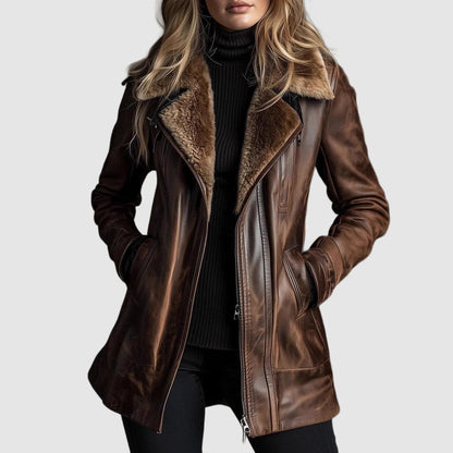 Women's Leather Jacket with Shearling Fur Collar Zip Front - view 1