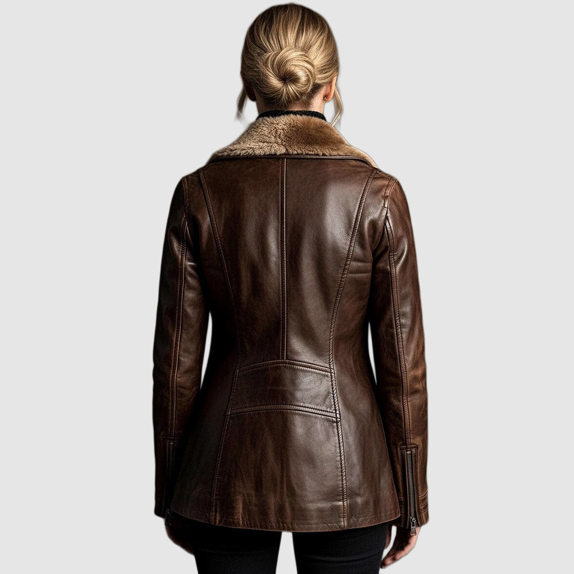 Women's Leather Jacket with Shearling Fur Collar Zip Front - view 2