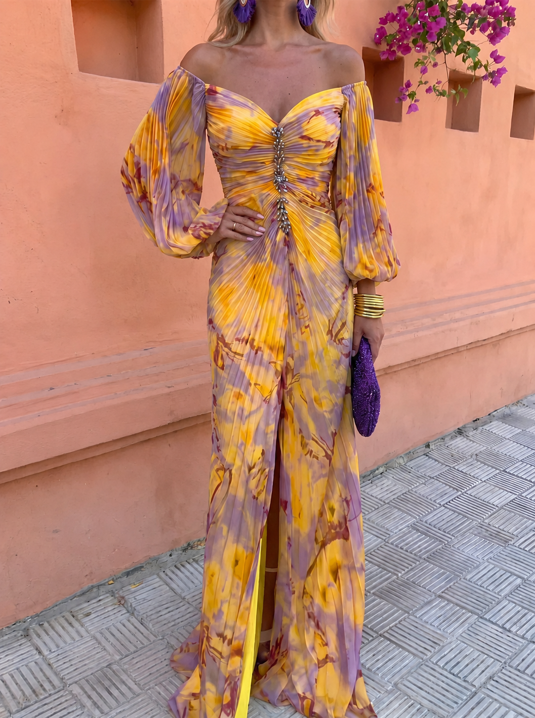 Women's Long Floral Dress with Deep Neckline - view 2