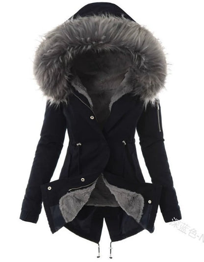 Women's long hooded parka with faux fur trim, front view
