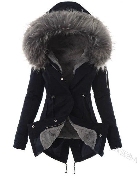 Women's long hooded parka with faux fur trim, front view