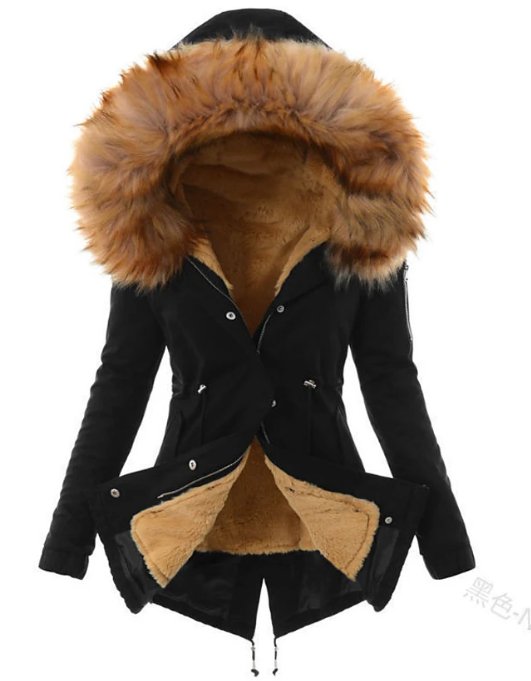 Women's long hooded parka with faux fur trim, worn on model