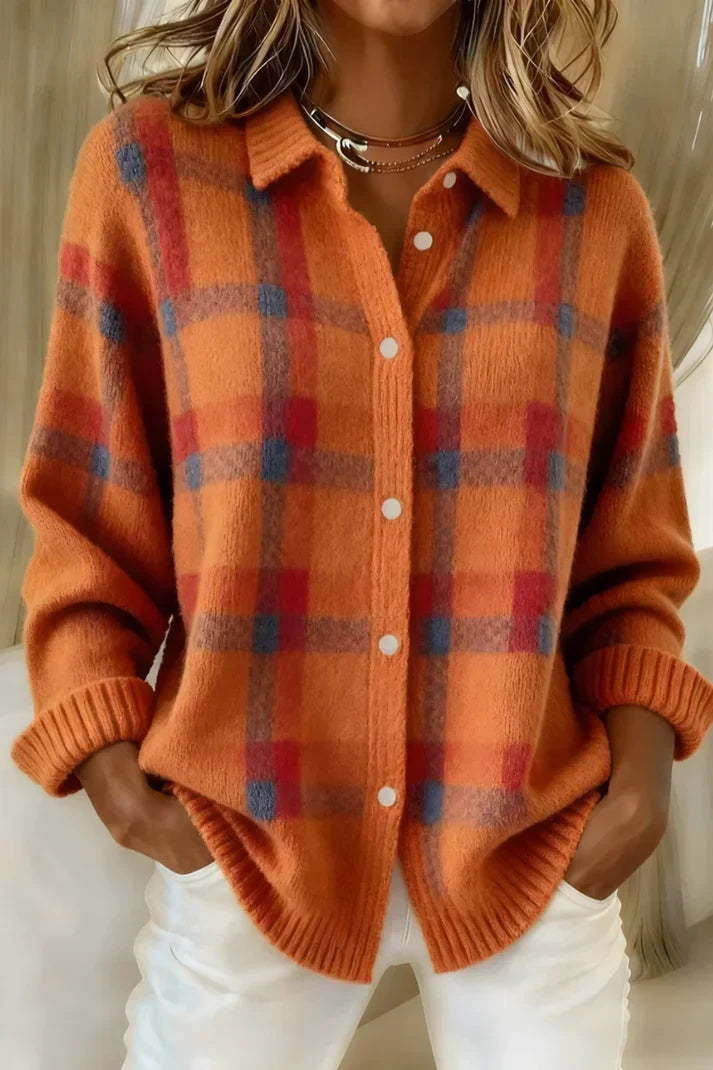 Women's longline button-front knit cardigan in orange