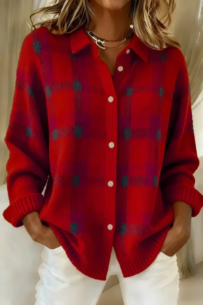 Women's longline button-front knit cardigan in red