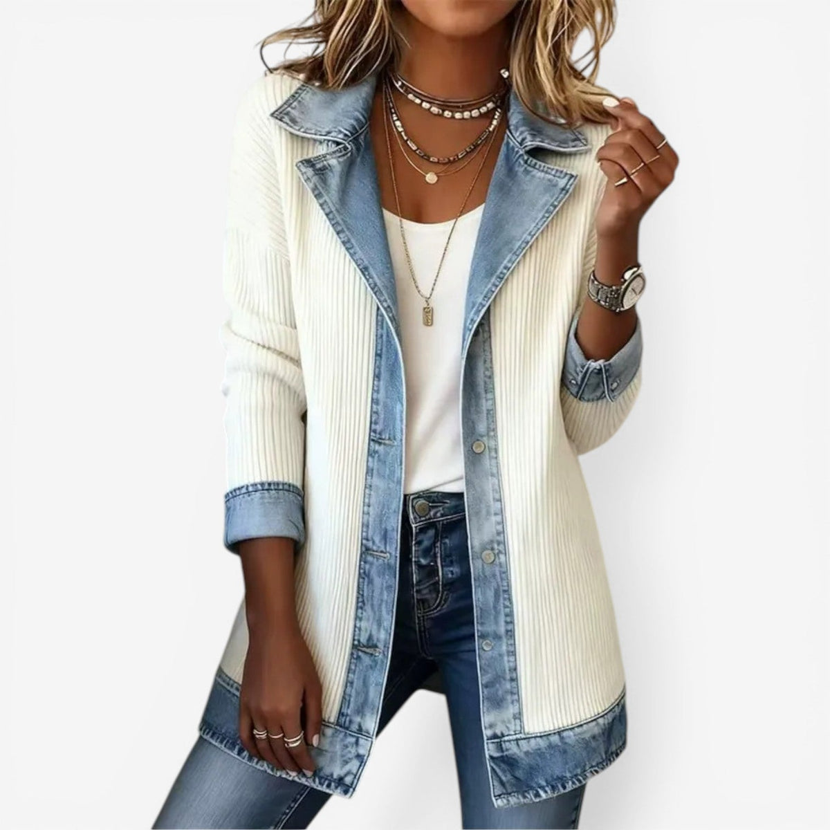 Women's longline knit jacket with denim trim, front view
