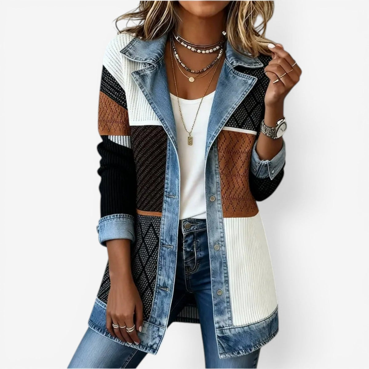 Women's longline knit jacket with denim trim, worn on model