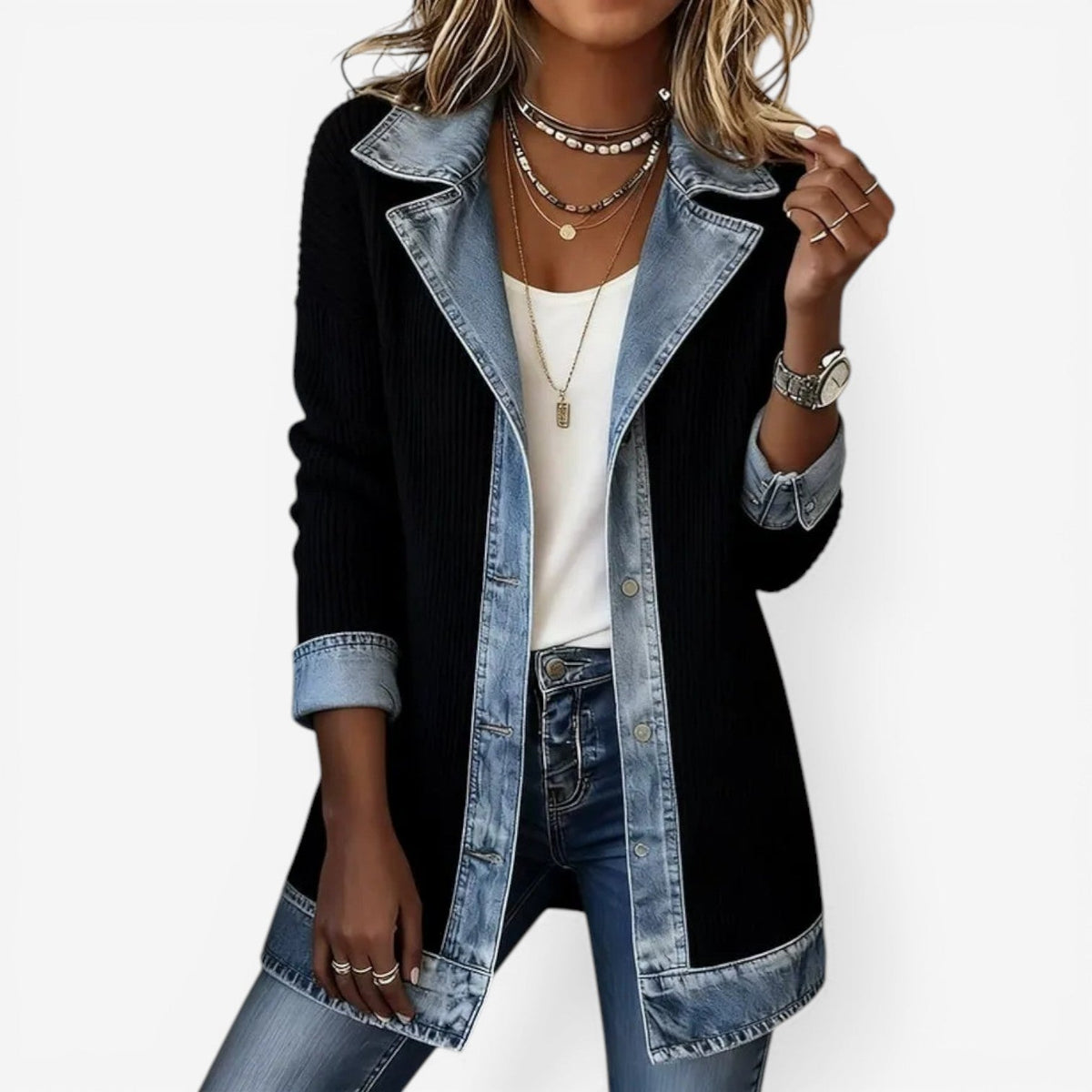 Women's longline knit jacket with denim trim, back view