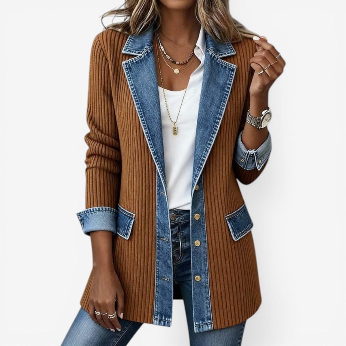 Women's longline knit jacket with denim trim, collar detail