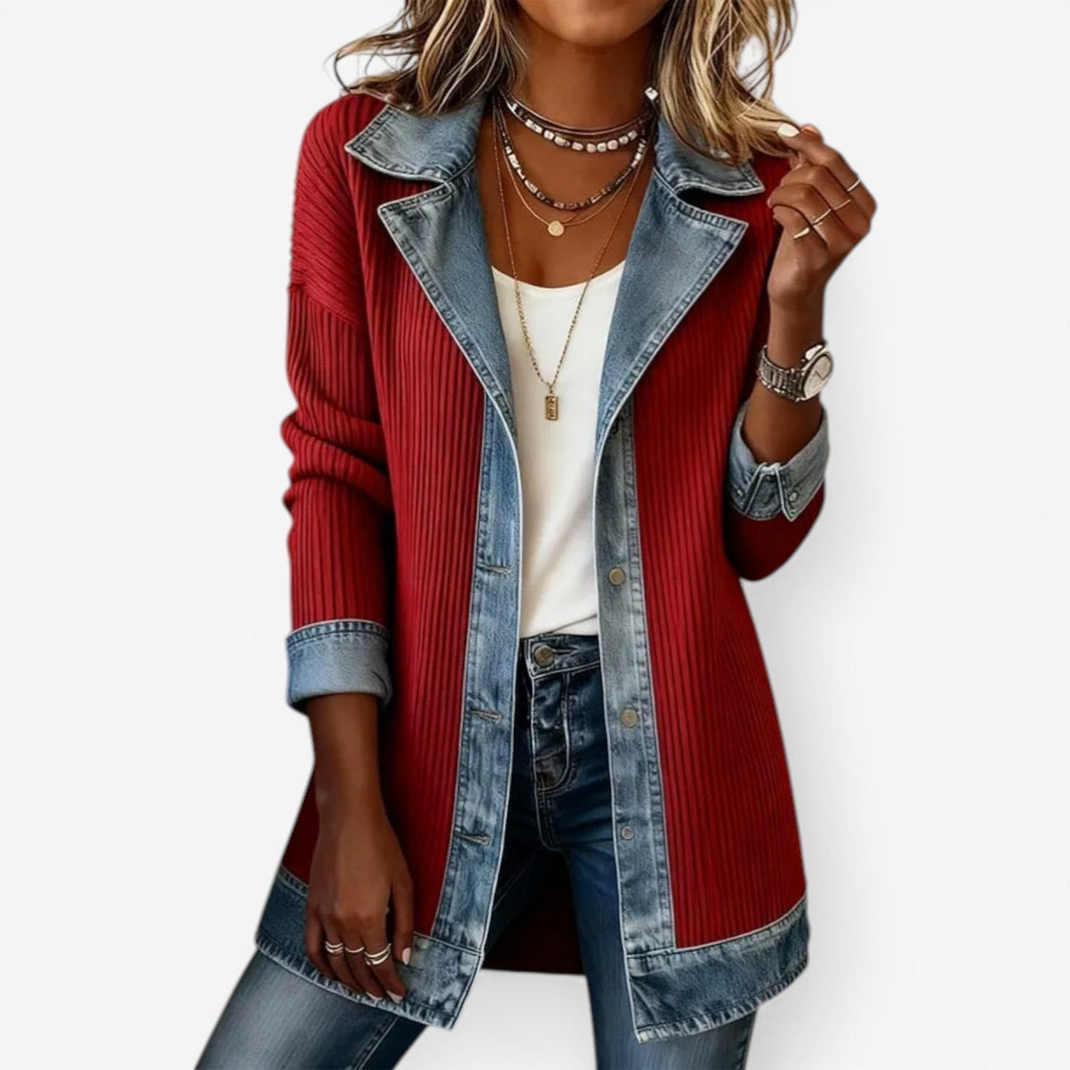 Women's longline knit jacket with denim trim, color options