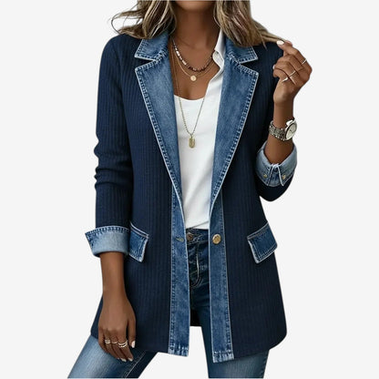 Women's longline knit jacket with denim trim, fabric detail