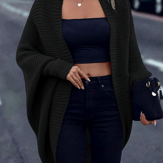 Women's oversized batwing-sleeve open-front longline cardigan, front view