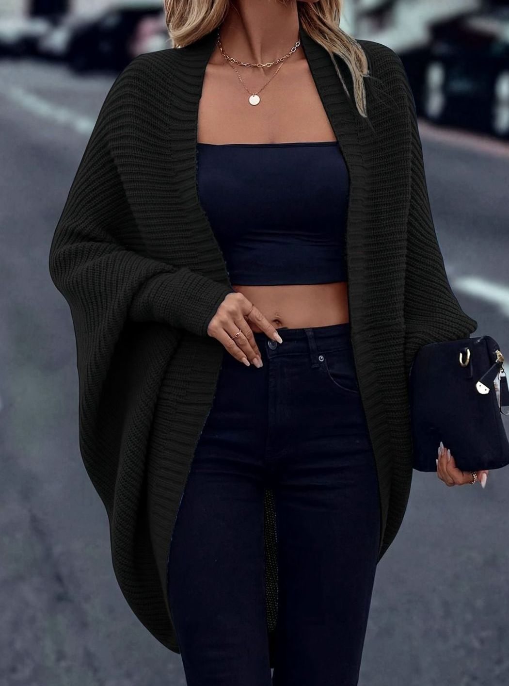 Women's oversized batwing-sleeve open-front longline cardigan, worn on model