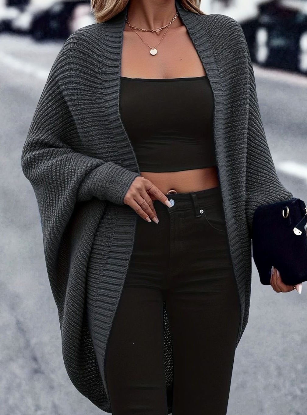 Women's oversized batwing-sleeve open-front longline cardigan, fabric detail