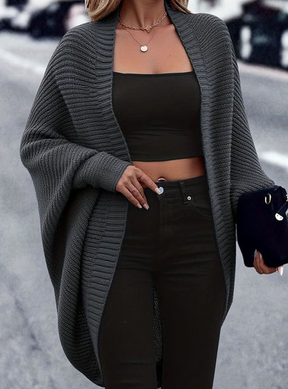 Women's oversized batwing-sleeve open-front longline cardigan, fabric detail