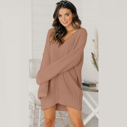 Women's Oversized V-Neck Sweater Dress with Long Sleeves - view 1