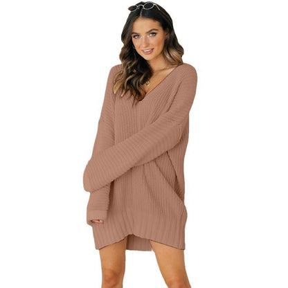 Women's Oversized V-Neck Sweater Dress with Long Sleeves - view 10