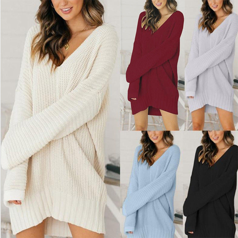 Women's Oversized V-Neck Sweater Dress with Long Sleeves - view 5