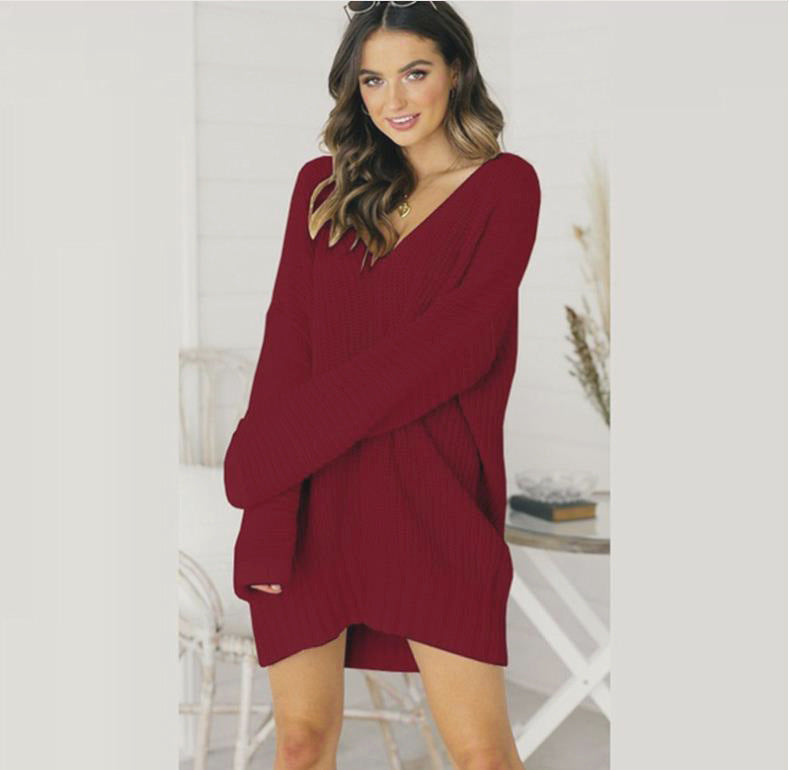 Women's Oversized V-Neck Sweater Dress with Long Sleeves - view 6