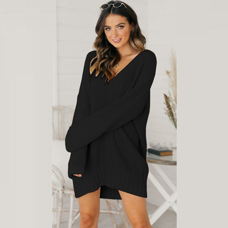 Women's Oversized V-Neck Sweater Dress with Long Sleeves - view 8