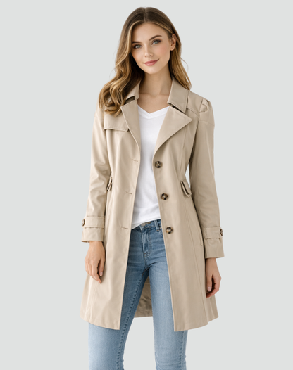 Women's slim fit trench coat with classic lapel collar, front view