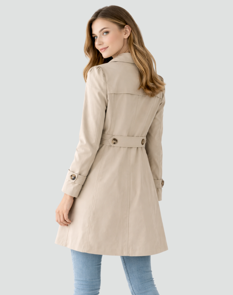 Women's slim fit trench coat with classic lapel collar, worn on model