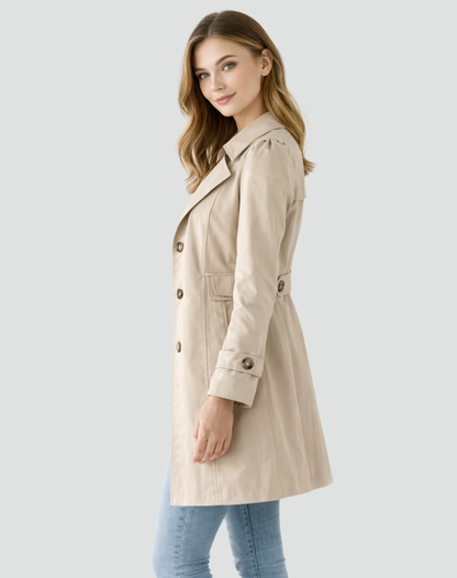 Women's slim fit trench coat with classic lapel collar, back view