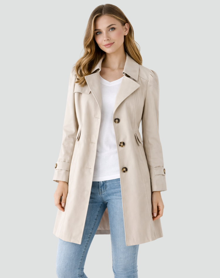 Women's slim fit trench coat with classic lapel collar, pocket detail