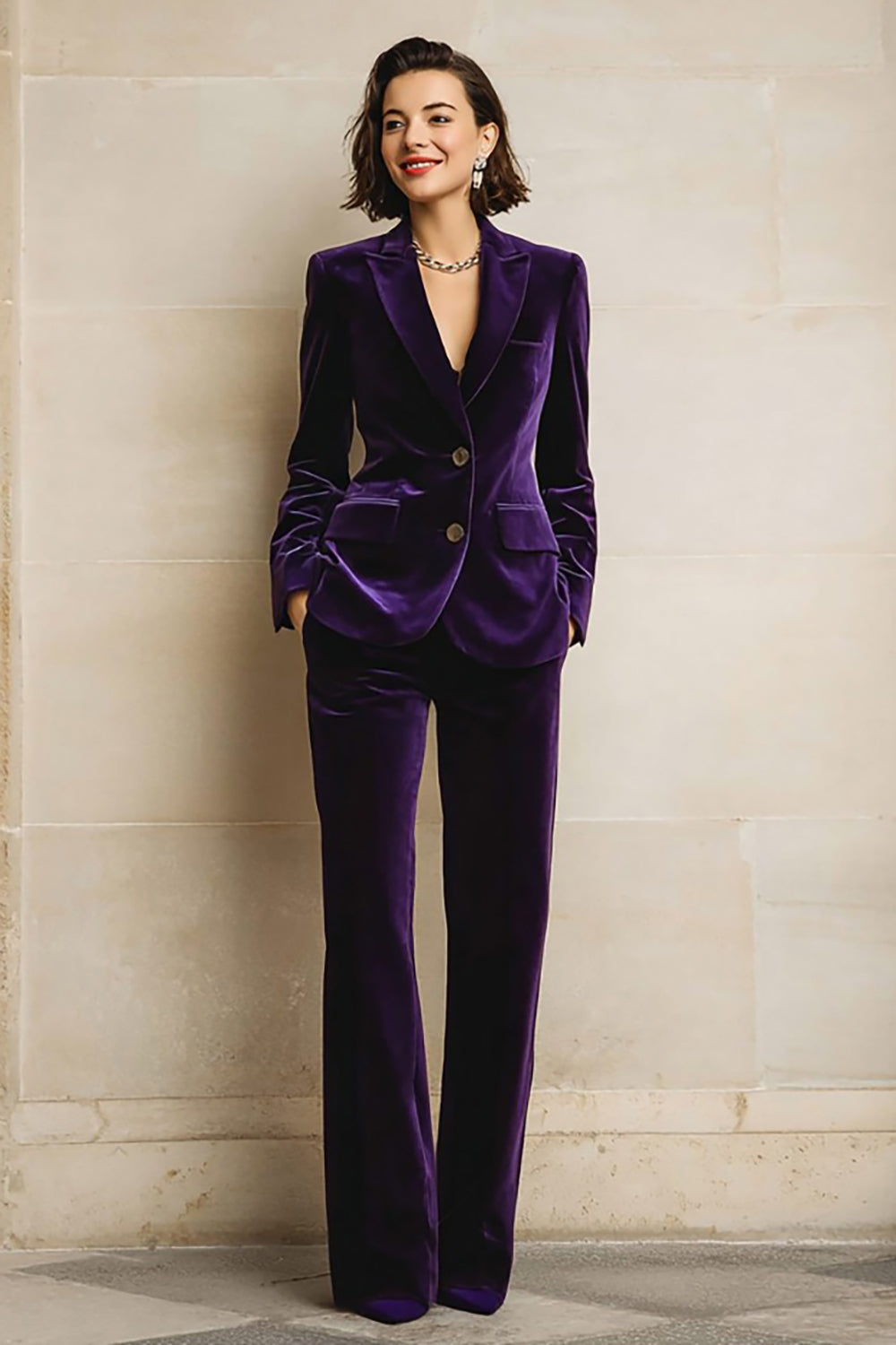 Women's Velvet Two-Piece Suit Peak Lapels Long Sleeves Wide-Leg Trousers - view 1
