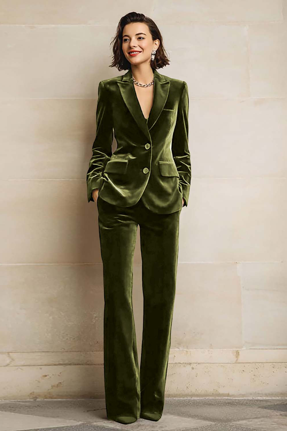 Women's Velvet Two-Piece Suit Peak Lapels Long Sleeves Wide-Leg Trousers - view 10