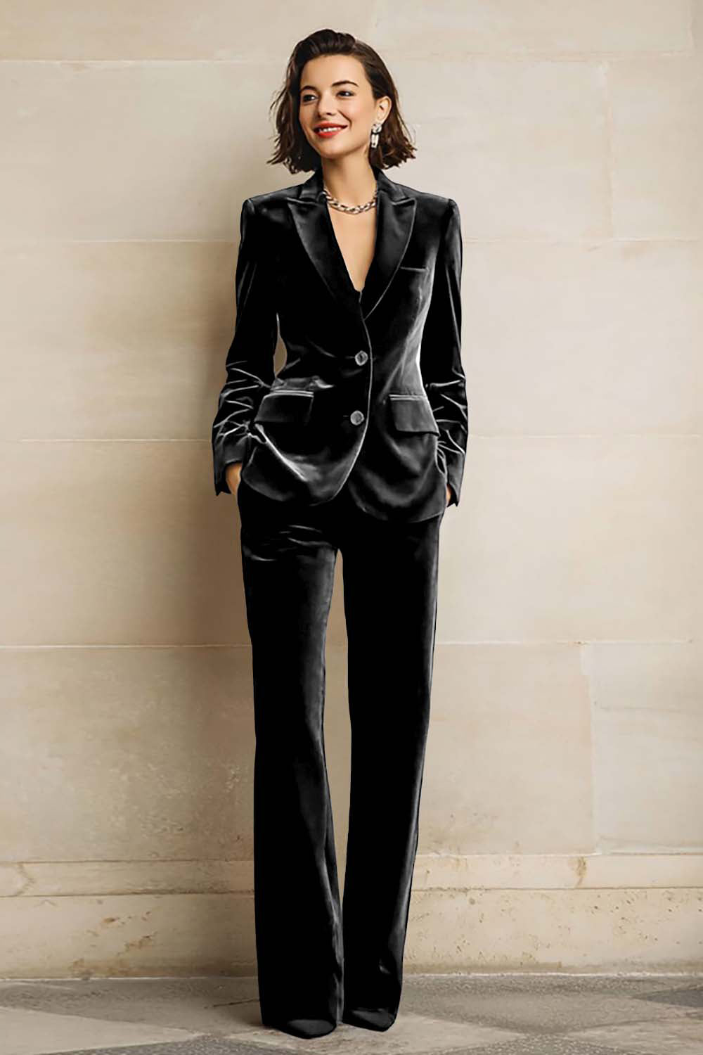 Women's Velvet Two-Piece Suit Peak Lapels Long Sleeves Wide-Leg Trousers - view 2
