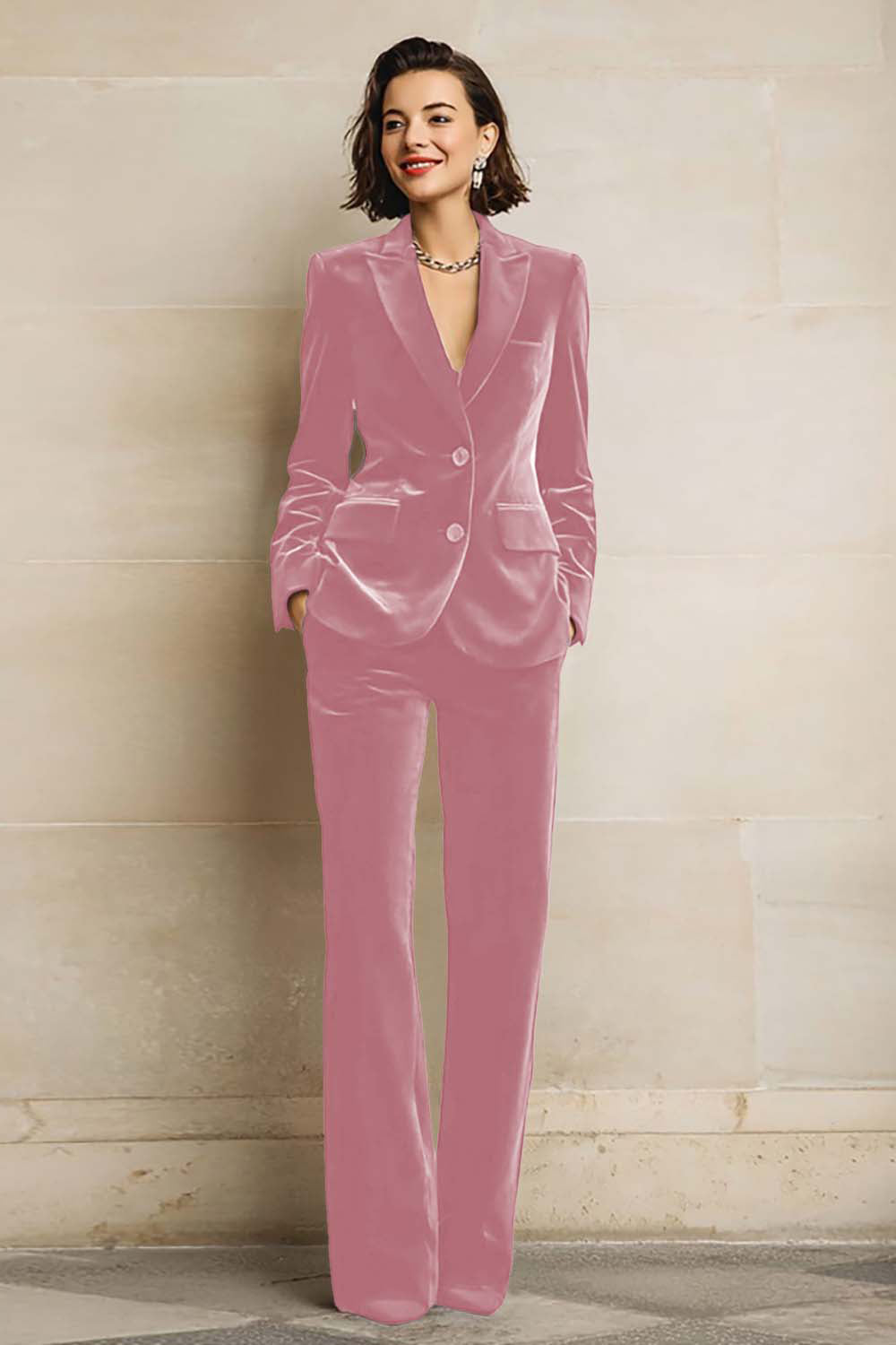 Women's Velvet Two-Piece Suit Peak Lapels Long Sleeves Wide-Leg Trousers - view 3