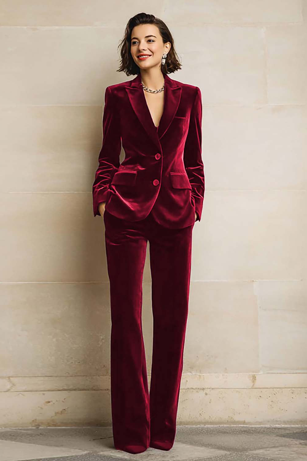 Women's Velvet Two-Piece Suit Peak Lapels Long Sleeves Wide-Leg Trousers - view 4