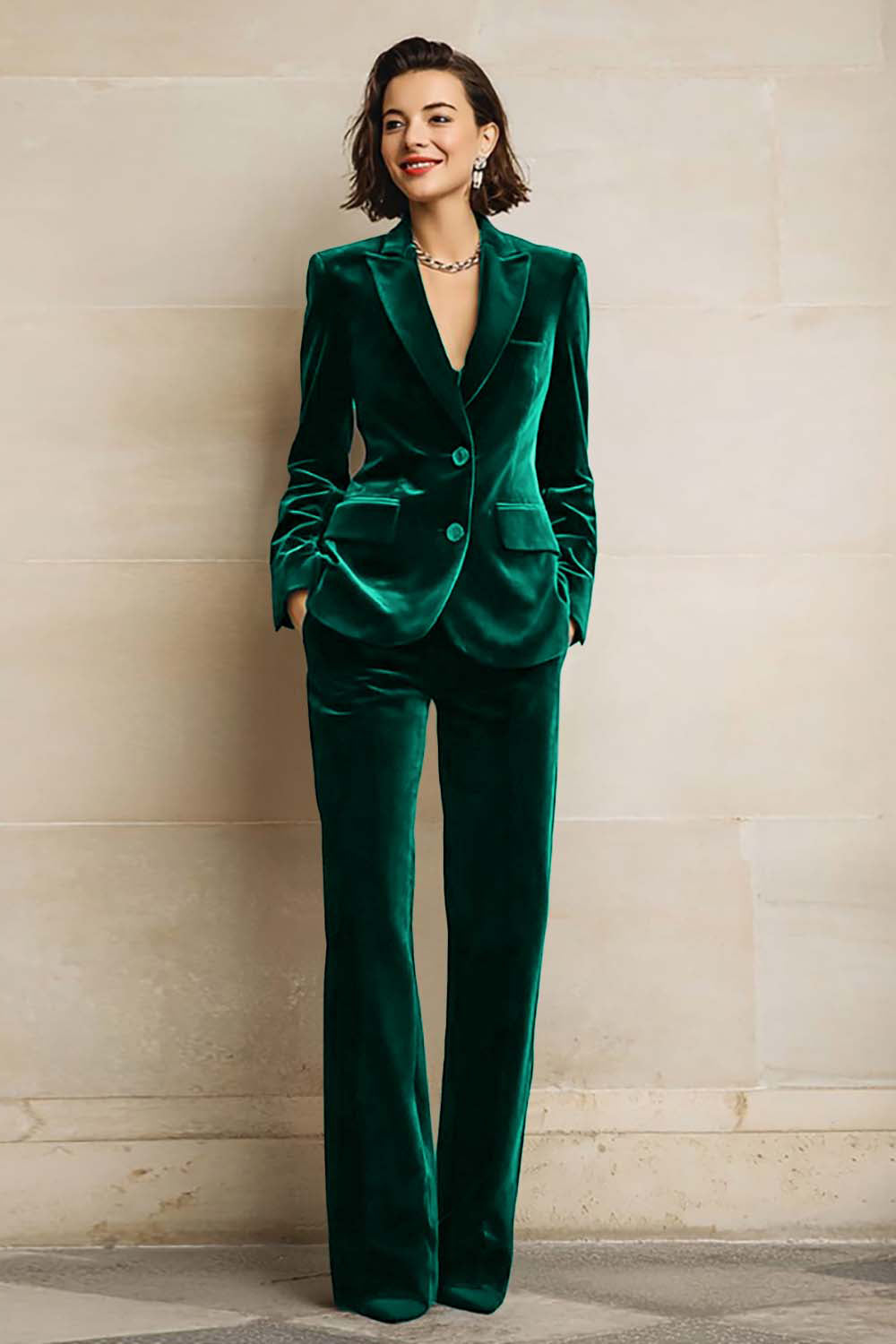 Women's Velvet Two-Piece Suit Peak Lapels Long Sleeves Wide-Leg Trousers - view 5