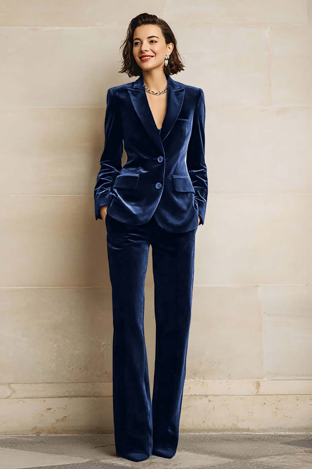 Women's Velvet Two-Piece Suit Peak Lapels Long Sleeves Wide-Leg Trousers - view 6