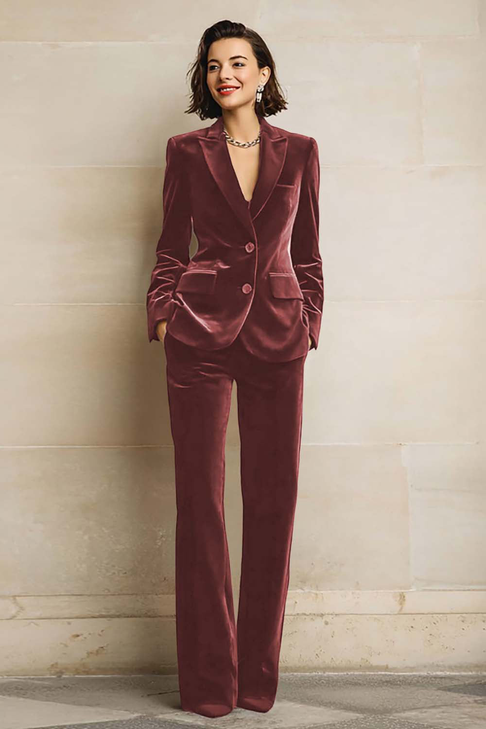 Women's Velvet Two-Piece Suit Peak Lapels Long Sleeves Wide-Leg Trousers - view 7