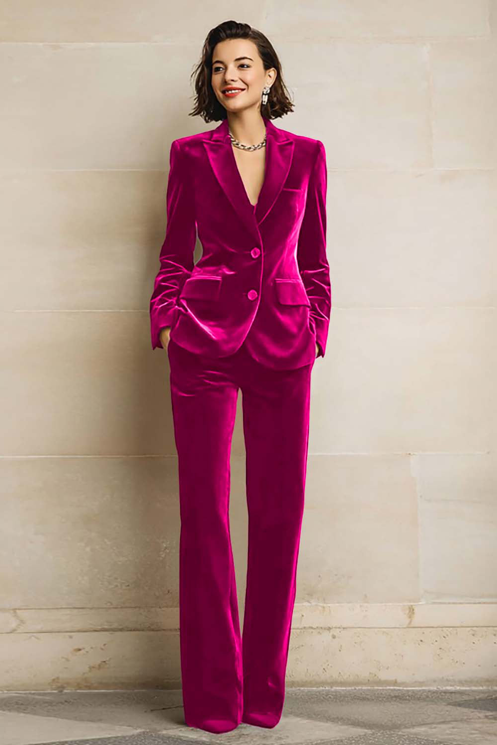 Women's Velvet Two-Piece Suit Peak Lapels Long Sleeves Wide-Leg Trousers - view 9